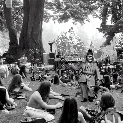 Image similar to a beatiful dwarven festival in 1974 in a fertile green park with surreal elven nature, a gnome rock band concert and dwarven BBQ