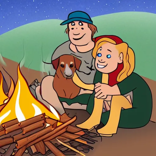 Image similar to cartoon of hillbilly with long blonde hair at a bonfire with his australian shepherd