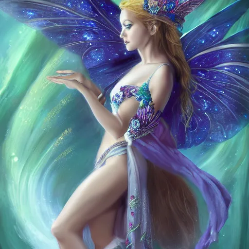 Prompt: detailed portrait of a fairy queen with wings wearing a magic silk robe, pixie, iris, realism, emerald, galaxy, sapphire,blonde hair going down to the floor, moonlit, wearing a bejeweled mask, dark fantasy, dramatic lighting, cgsociety, artstation