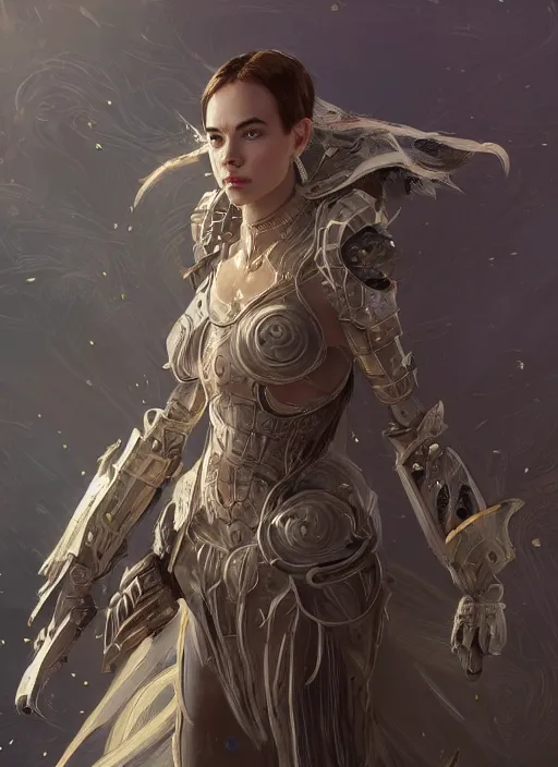 Image similar to a professional portrait of a beautiful young female, clothed in ethereal battle armor, olive skin, long dark hair, beautiful bone structure, symmetrical facial features, intricate, elegant, digital painting, concept art, smooth, sharp focus, finely detailed, illustration, from Valerian and the City of a Thousand Planets, in the style of Ruan Jia and Mandy Jurgens and Artgerm and Greg Rutkowski and William-Adolphe Bouguerea