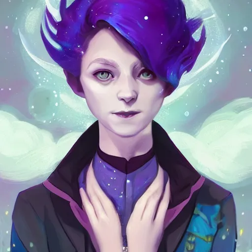 Image similar to a nonbinary changeling wearing a starry cloak, purple vest, white sleeves, aurora colored hair, starry eyes, curious expression, watching people on the street, character art, trending on artstation, artgerm, 4k ultra hd, sharp focus, digital art by Ilya Kuvshinov and Ross Tran,