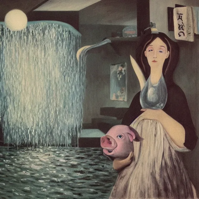 Image similar to tall female emo artist holding a pig in her flooded bathroom, octopus, water gushing from ceiling, painting of flood waters inside an artist's bathroom, a river flooding indoors, pomegranates, pigs, ikebana, water, octopus, river, rapids, waterfall, black swans, canoe, berries, acrylic on canvas, surrealist, by magritte and monet