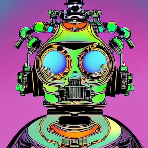 Prompt: hyperdetailed portrait of a spaced out steampunk robot head, 8 k, symetrical, flourescent, halluzinogenic, meditative, multicolored vector art, black background