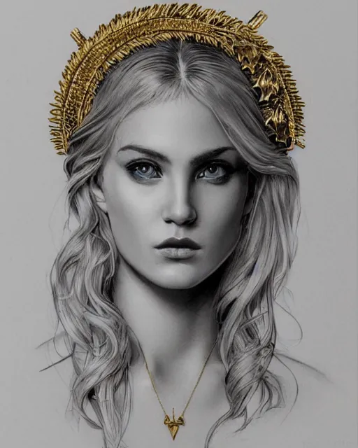 Image similar to front view of beautiful aphrodite greek goddess wearing a gold laurel wreath and triangle earrings, realism tattoo sketch, beautiful piercing eyes with sharp pupils, beautiful blonde hair, in the style of greg rutkowski, fantasy, amazing detail, epic, elegant, smooth, sharp focus