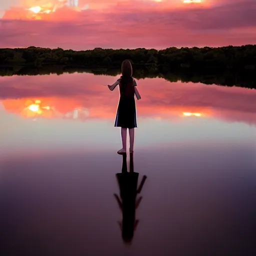 Prompt: a girl looking at the sky standing on top of a vast mirror in the sunset by Jenny Yu