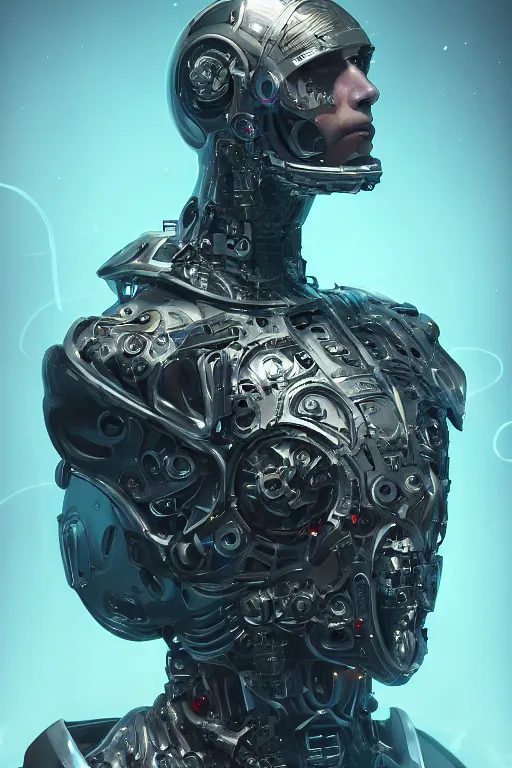 Prompt: detailed portrait of a cyborg, necromancer, benevolent, scifi, futuristic, elegant cape, glow, concept art, sharp focus, inside a space ship, trending on artstation, intricate, advanced technology, art by roman makarenko and simon almeida and marcos melco