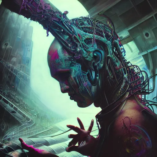 Image similar to dj at rave, art by tristan eaton, stanley artgermm, tom bagshaw, greg rutkowski, carne griffiths, ayami kojima, beksinski, giger, trending on deviantart, photorealistic, vray, hdr, hyper detailed, dramatic lighting, octane render, weta digital, 3 d sculpture