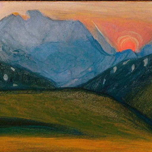 Prompt: a wide landscape of the austrian alps at sunrise in the summer, painting in the style of hilma af klint