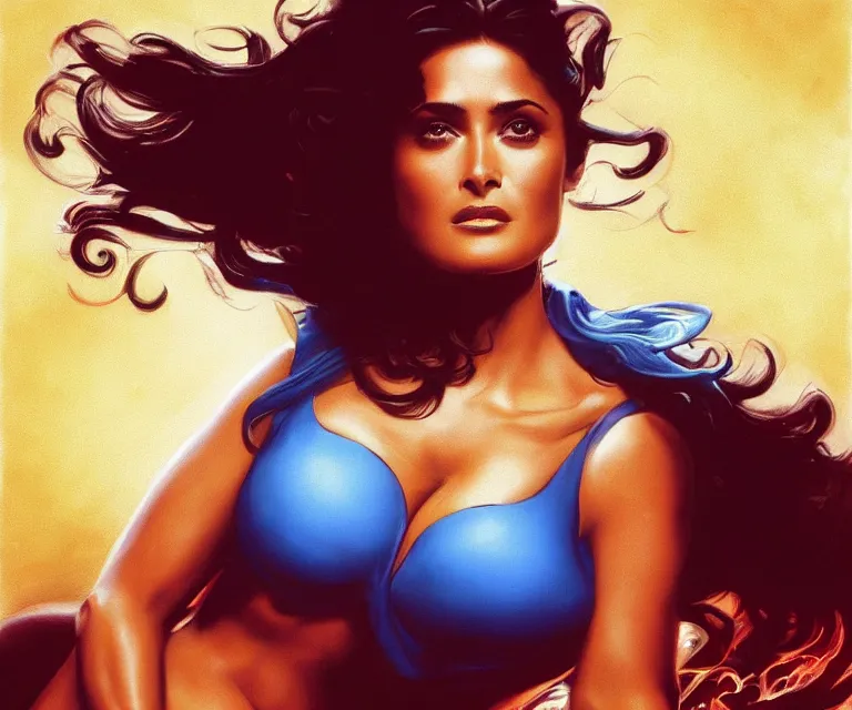 Prompt: salma hayek inhaling a tank of helium, digital painting, trending on artstation, frank frazetta, john cho, boris vallejo, julie bell, 8 k wallpaper