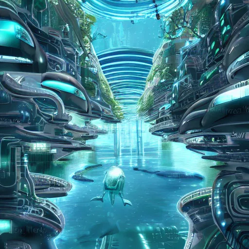 Prompt: an alien dolphin city, sci-fi digital art illustration,