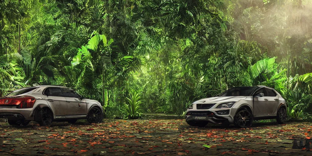 Image similar to Amazonian jungle with tropical plants and leaves falling from tree and a Cupra car placed in the center of the frame , unreal 5, hyperrealistic, realistic, photorealistic, dynamic lighting, highly detailed, cinematic landscape, studio landscape, studio lighting