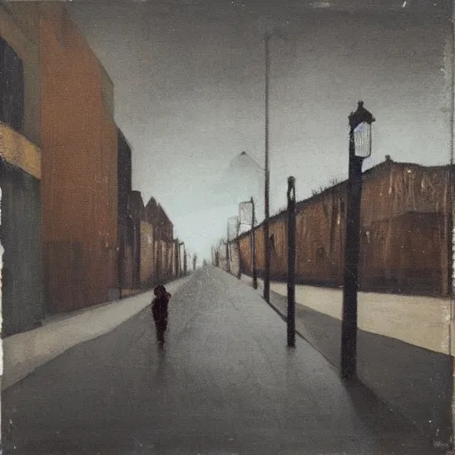 Prompt: a shadowy figure walks along an empty street by agostine arrivabene, highly detailed, dark tones