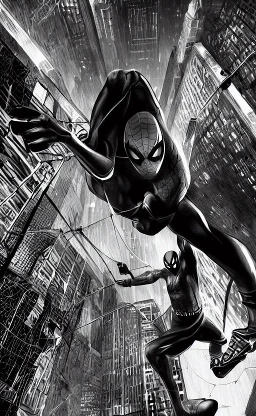 Image similar to epic spiderman noir wallpaper, dynamic lighting, photorealistic fantasy concept art, trending on art station, stunning visuals, creative, cinematic, ultra detailed