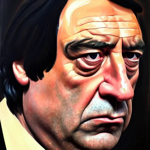 Prompt: javier bardem as anton chigurh in no country for old men. neutral menacing stare. oil painting by lucian freud. path traced, highly detailed, high quality