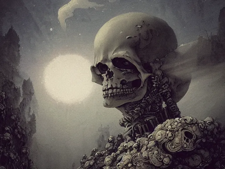 Prompt: a detailed profile illustration of skelleton, bounty hunter portrait symmetrica, aurora lighting clouds and stars by beksinski carl spitzweg and tuomas korpi. baroque elements. baroque element. intricate artwork by moebius. Trending on artstation. 8k