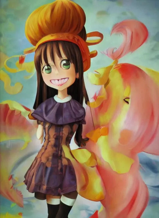 Image similar to a hyperrealistic oil painting of a kawaii anime girl figurine caricature with a big dumb grin featured on Nickelodeon by Dave McKean