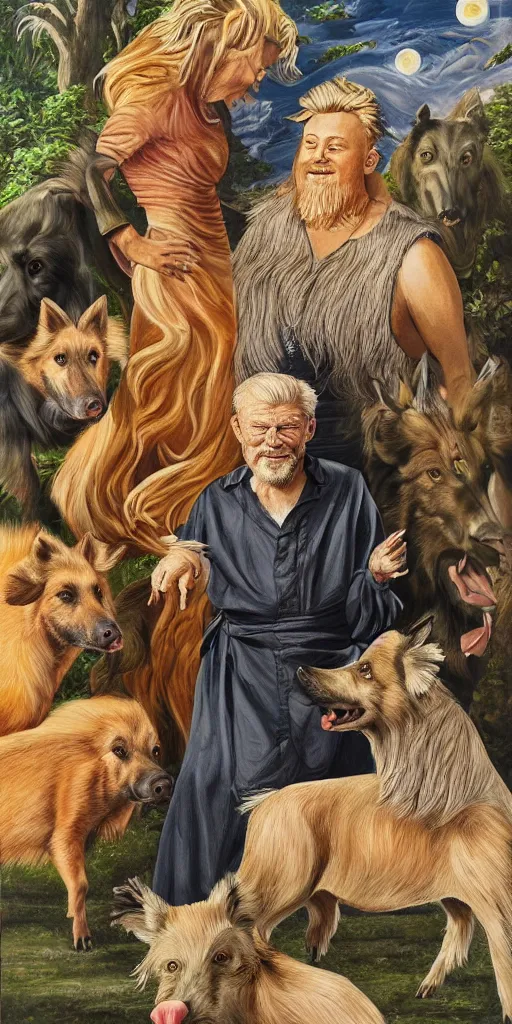 Prompt: beautiful detailed acrylic painting of a fit and mystical elderly man, has blond hair and ginger beard, surrounded by a Belgian shepherd and a wild boar