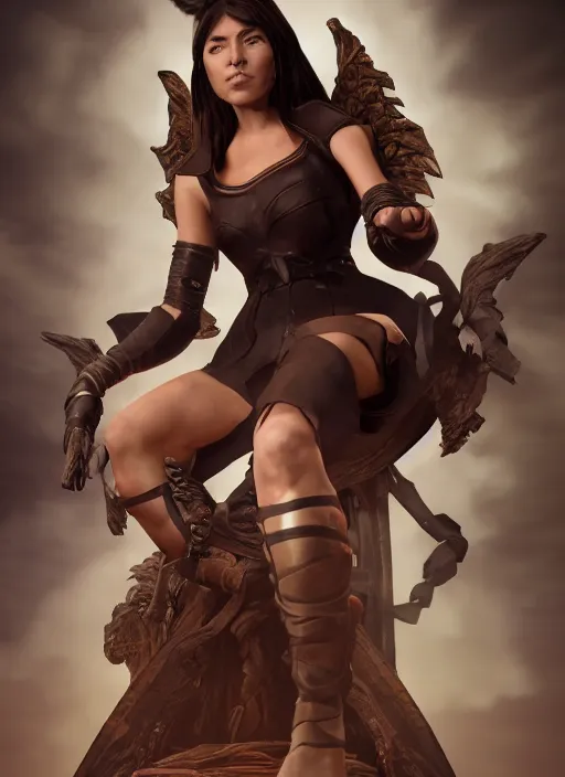 Image similar to An epic fantasy comic book style portrait painting of a tan woman with black hair in a pony tail and serious eyes sitting on a throne, unreal 5, DAZ, hyperrealistic, octane render, cosplay, RPG portrait, dynamic lighting