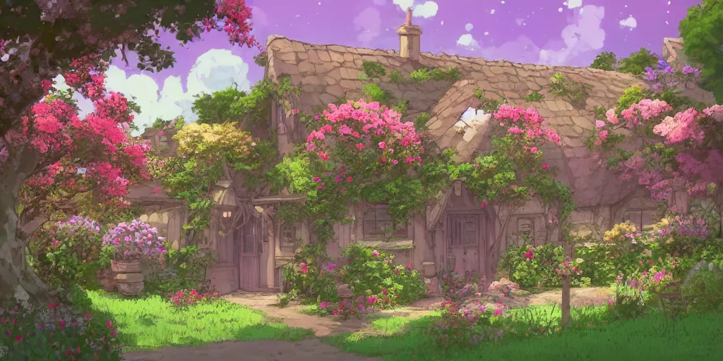 Prompt: Flowery cottage, evening, Studio Ghibli, Artstation