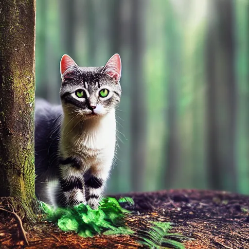 Image similar to cat in deep forest, photorealistic, 4 k, 5 0 mm, bokeh