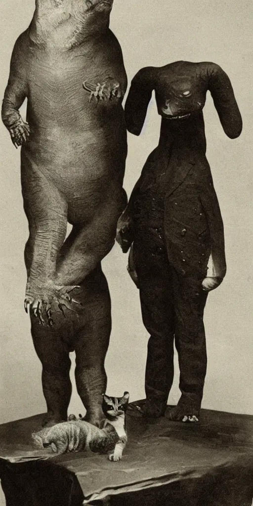 Image similar to t rex and a cat, big hands, big feet, Business men. strange, photograph, 1870s, 1890s