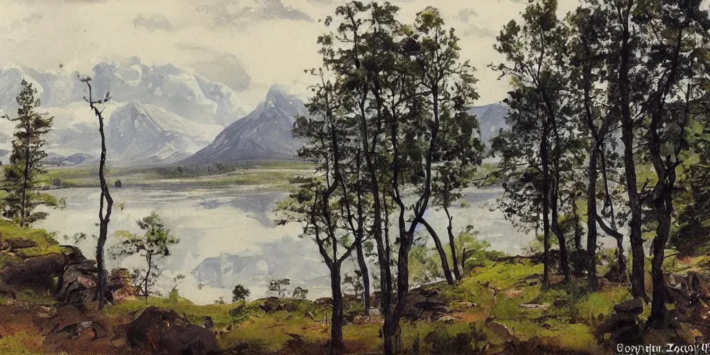 Image similar to dramatic swedish landscape, mountains covered in trees, in the style of anders zorn