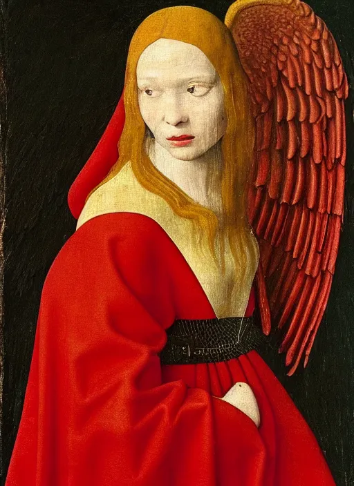 Image similar to profile of a fallen angel dressed in red with wings by Jan van Eyck, Hieronymus Bosch, Johannes Vermeer 4k post-processing, highly detailed medieval painting