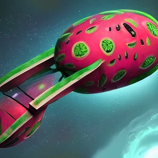 Image similar to Very highly detailed sci-fi Watermelon space ship. Realistic Concept digital art, epic dimensional light