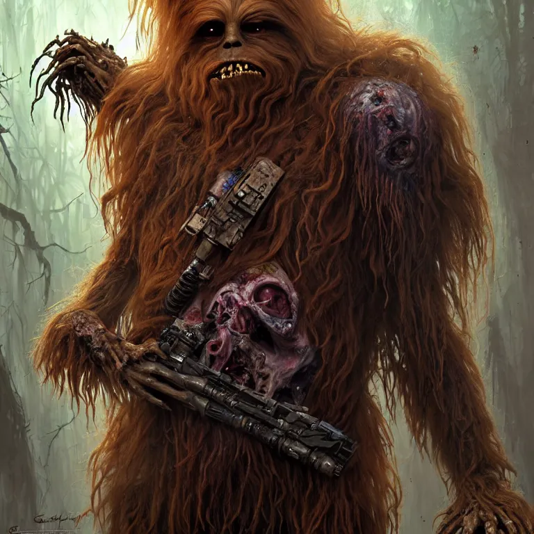 Image similar to scary horrific zombie chewbacca and rotting wookies, dark star wars fantasy, body horror, sores and scars, undead. highly detailed, biopunk, digital painting, by greg rutkowski, artgerm, giger and alphonse mucha