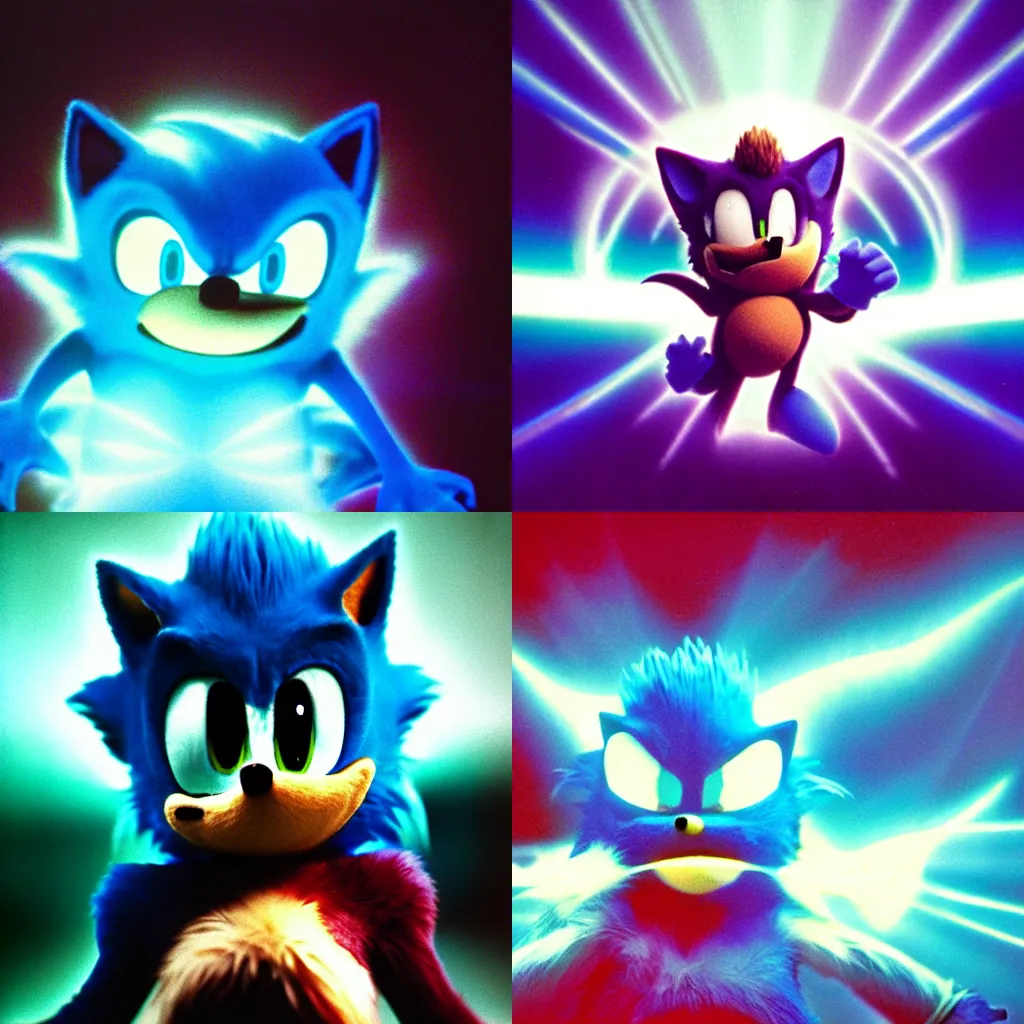 Prompt: ektachrome medium format provia film still of a sonic the hedgehog blue forewst creature with fangs and claws, faded glow, anomorphic lens flare, creepypasta