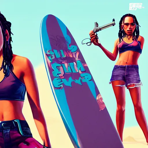 Image similar to zoe kravitz as a california surfer girl, gta 5 cover art, hd digital art, trending on artstation