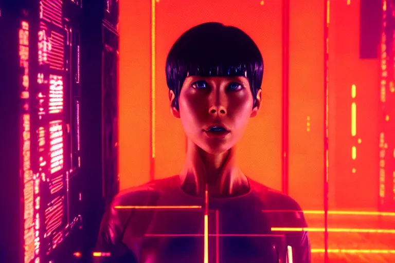 Image similar to major motoko wearing an orange prison jumpsuit, large hologram of a screaming face dominates the background, photography by fred palacio medium full shot still from bladerunner 2 0 4 9, sci fi, bladerunner, canon eos r 3, f / 3, iso 2 0 0, 1 / 1 6 0 s, 8 k, raw, unedited