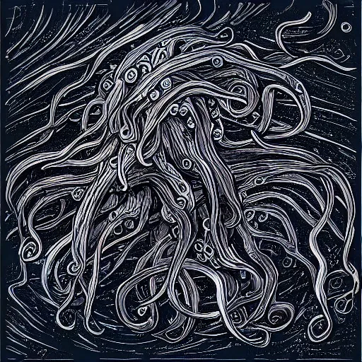 Prompt: “a swarm of dark tentacles underwater, trending on artstation, deep abyss ocean floor, dark navy colored background”