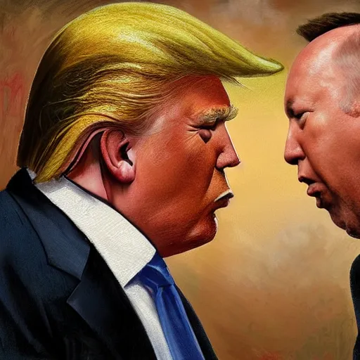 Image similar to portrait of donald trump and alex jones arguing, an oil painting by ross tran and thomas kincade