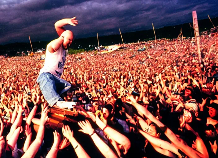 Prompt: photo still fred durst on stage at woodstock 9 9!!!!!!!! at age 3 3 years old 3 3 years of age!!!!!!!! crowd surfing, 8 k, 8 5 mm f 1. 8, studio lighting, rim light, right side key light