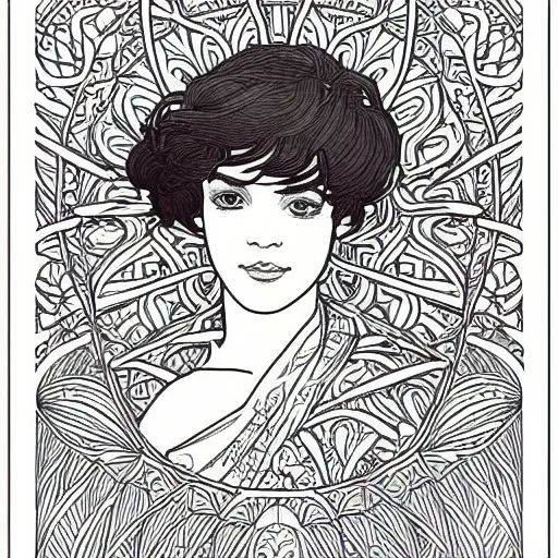 Image similar to clean simple line art of a little bit with short hair. no background. well composed, clean coloring book page, beautiful detailed face. coloring book line art by greg rutkowski and johanna basford and alphonse mucha