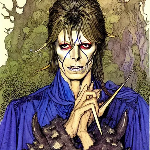 Prompt: a realistic and atmospheric watercolour fantasy character concept art portrait of david bowie as a druidic warrior wizard looking at the camera with an intelligent gaze by rebecca guay, michael kaluta, charles vess and jean moebius giraud