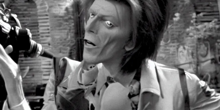 Image similar to Cinematography of David Bowie in 1981 shot on a 9.8mm wide angle lens on the set of The Muppet Movie