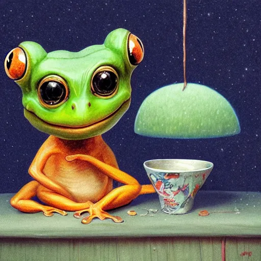 Image similar to playful long shot of a very happy cute frog baby sitting in a searose cup, by esao andrews, by m. w. kaluta, very humorous illustration, small depth of field, perspective perception, volumetric light, warm cosy colors, night scenery, low light, unreal engine 5, 8 k, conceptart, hyperdetailed, hyperrealistic, trending on artstation