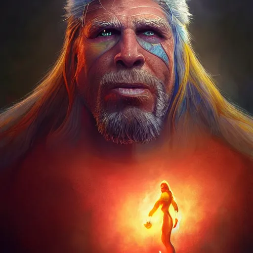 Prompt: The ultimate warrior, WWF, cinematic lighting, highly detailed, digital painting, concept art, smooth, sharp focus, illustration, art by Artgerm and Greg Rutkowski