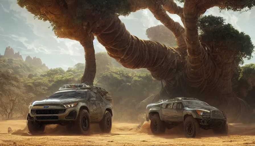 Image similar to an offroad suv designed by ford driving through madagascar with baobabs trees, artgerm and greg rutkowski and alphonse mucha, an epic fantasy, volumetric light, detailed, establishing shot, an epic fantasy, trending on art station, octane render, midsommar