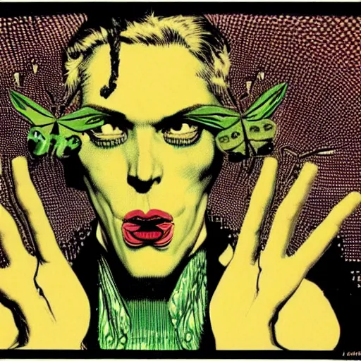 Image similar to a eccentric cybergoth guy, face covered in moths, small details, aesthetic!!!, color, by virgil finlay, by jamie hewlett,