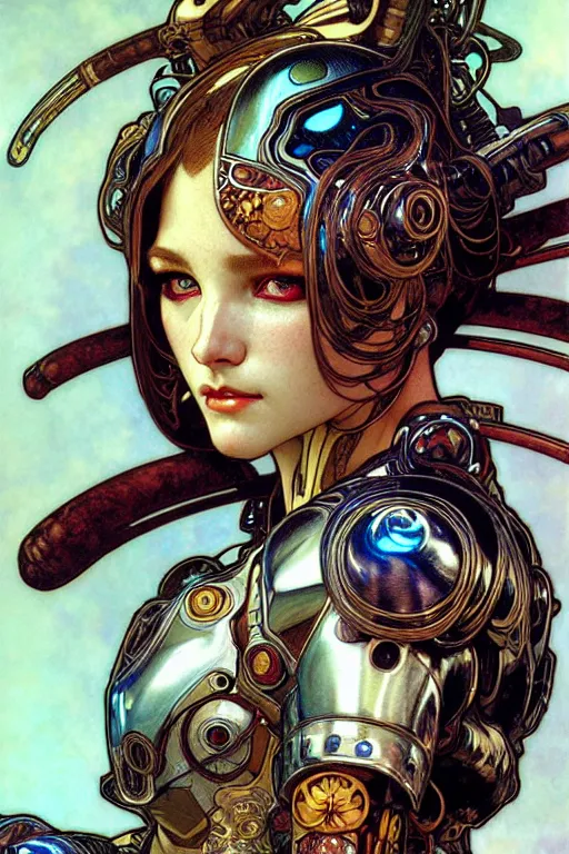 Prompt: realistic detailed face portrait of a beautiful futuristic godness warrior in alien cyberpunk armor by alphonse mucha, ayami kojima, amano, greg hildebrandt, and mark brooks, female, feminine, art nouveau, cyberpunk, neo - gothic, gothic, character concept design