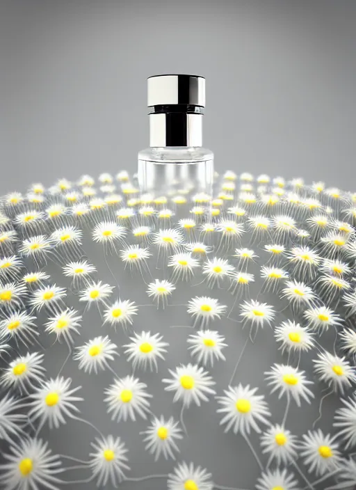 Image similar to perfume bottle standing in the center of a biomechanical white enchanted coral flat plate made of daisies in an ivory room well contoured smooth fair walls, up close shot, sharp focus, global illumination, radiant light, alexandre ferra white mecha, irakli nadar, octane highly render, 4 k, ultra hd,