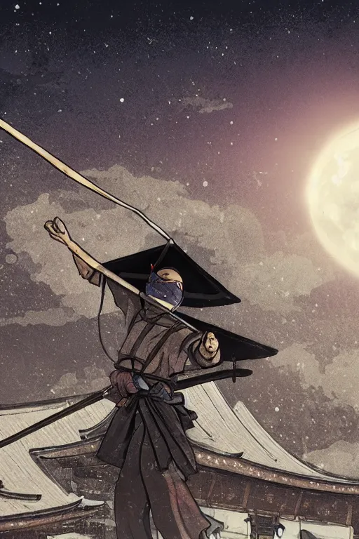 Image similar to a ninja on a roof of a japanese temple with the moon on the background, mixed media, digital art, trending on artstation, 8k, epic composition, highly detailed, AAA graphics