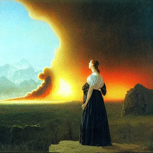 Image similar to beautiful young woman looking at giant nuclear explosion, artwork by Bierstadt, Albert