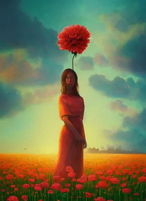 Image similar to portrait of a woman, face made of giant carnation, flower field, surreal photography, sunset dramatic light, impressionist painting, colorful clouds, large sky, digital painting, artstation, simon stalenhag