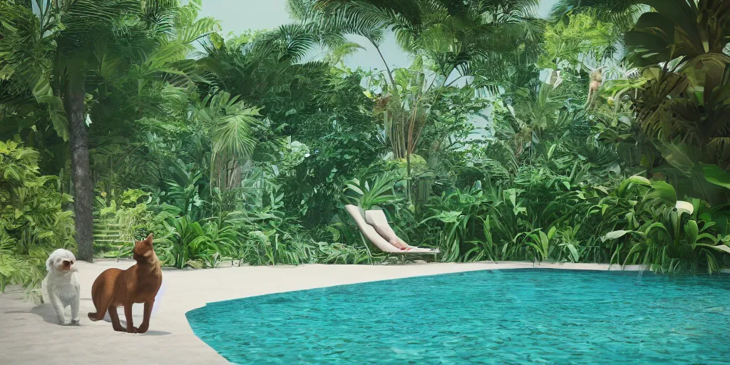 Image similar to swimming pool in the middle of the jungle a cat and a dog playing around , beach chair , octane render