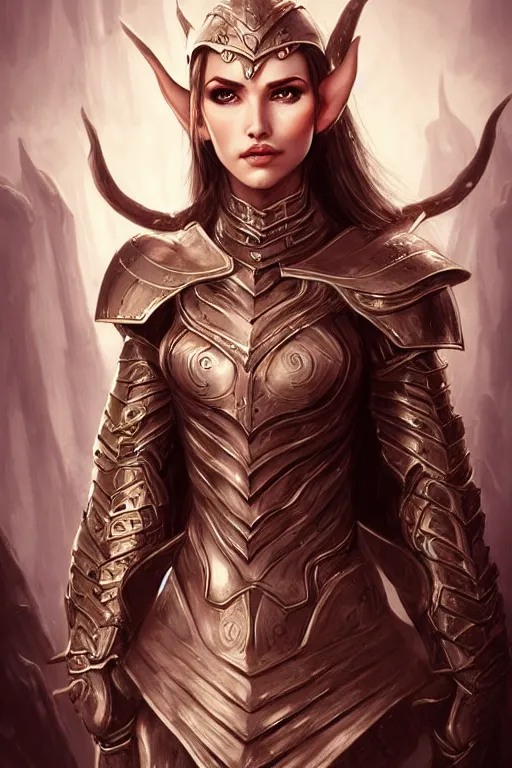 Image similar to head and shoulders portrait of an eldritch knight, elf, beautiful, female, breastplate, magical, high fantasy, d & d, by artgerm, face details, extremely detailed, vogue fashion photo