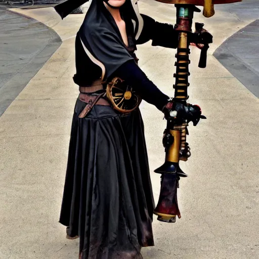 Prompt: photo of a steampunk nun warrior with holy weapons